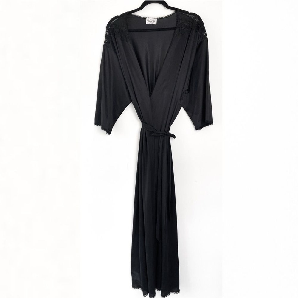 Vintage Vanity Fair Womens Robe S Black Wrap Kimono Duster Maxi Witchy Dark